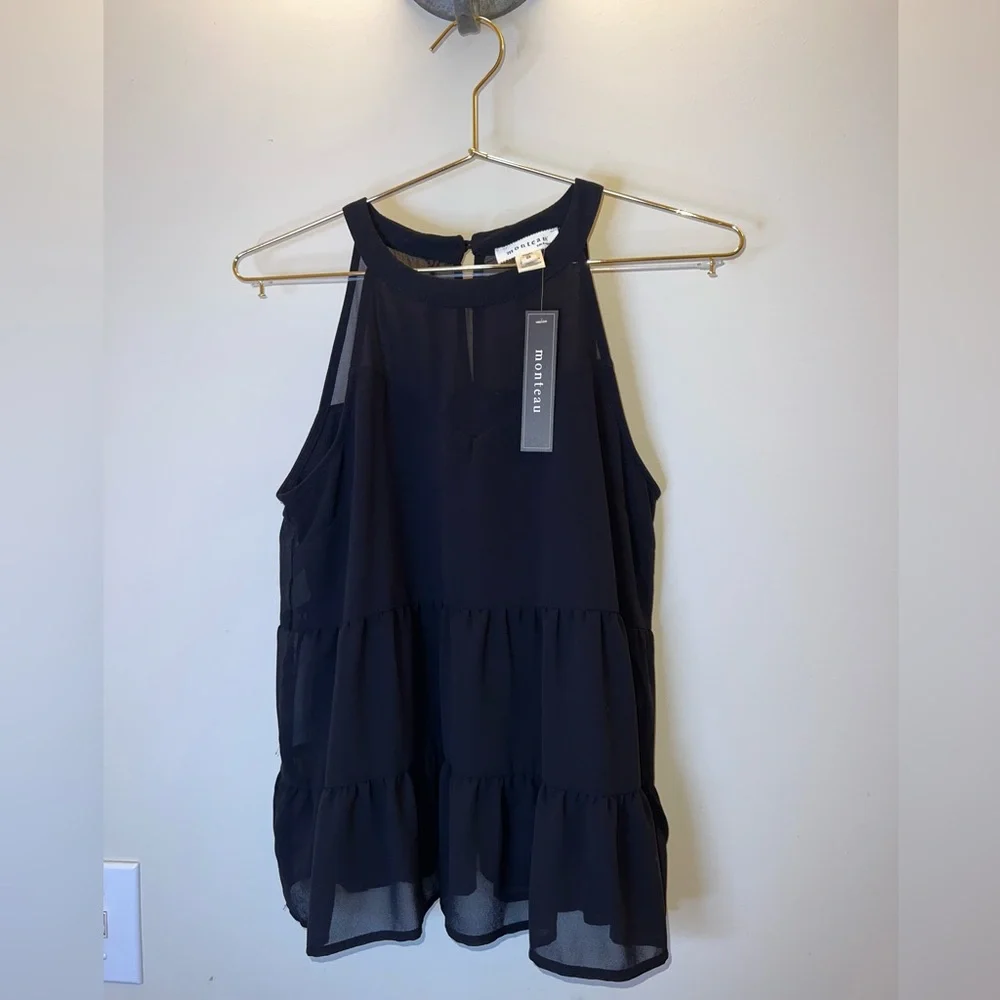 Monteau Black Tiered Chiffon Halter Tank Top Small NWT Sheer Back - Picture 1 of 6